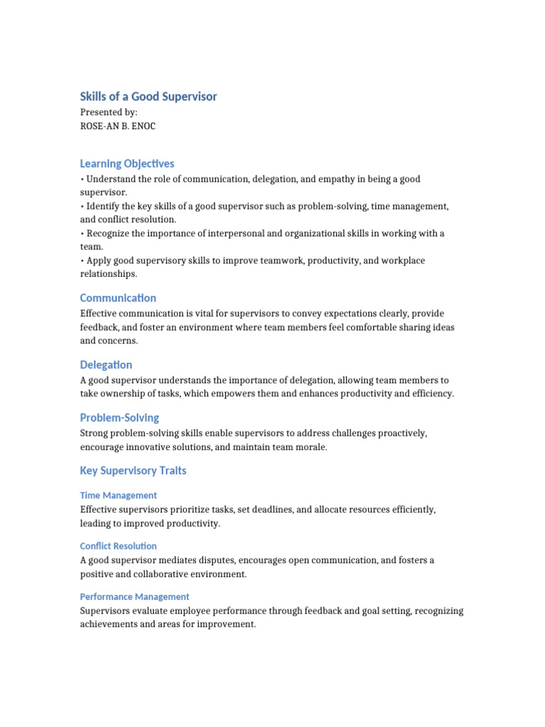 Skills of A Good Supervisor | PDF