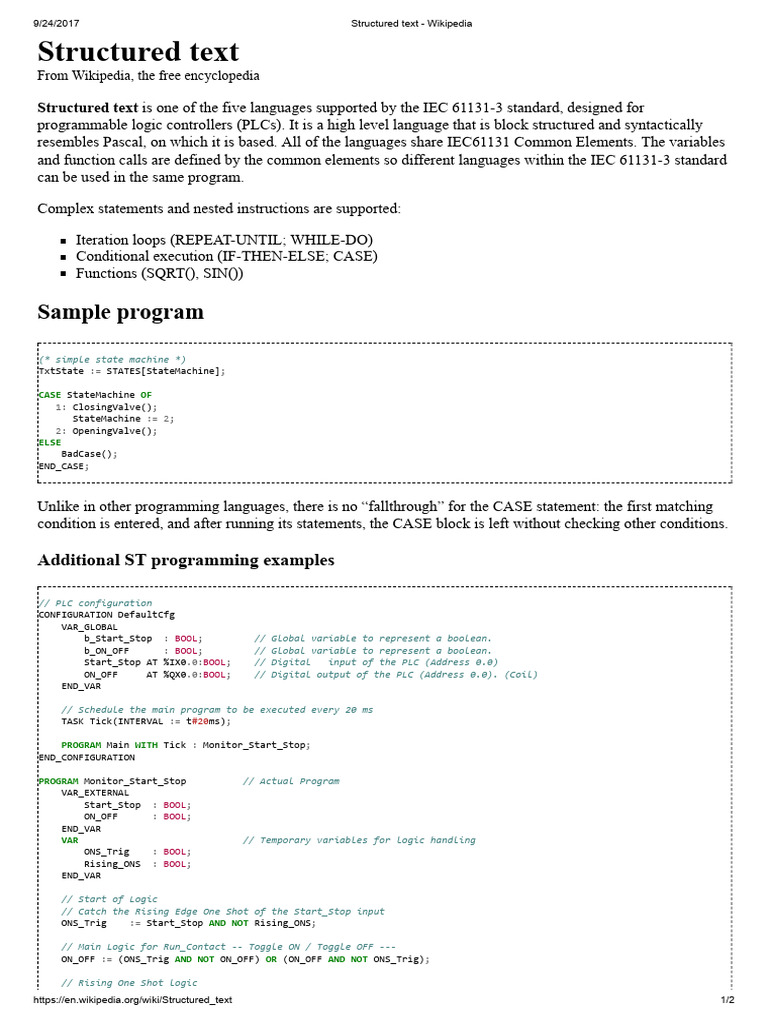 Structured Text - Wikipedia | PDF | Programmable Logic Controller ...