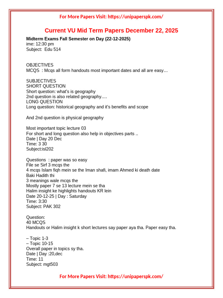 Virtual University Midterm Papers All Subjects 22 December 2025 | PDF ...