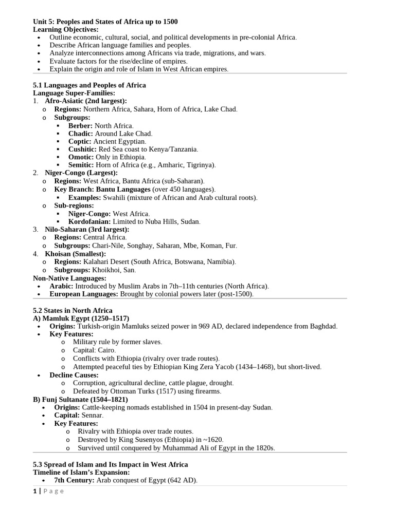 Grade 9 Histoty Unit 5 Short Note | PDF | Africa | Mali