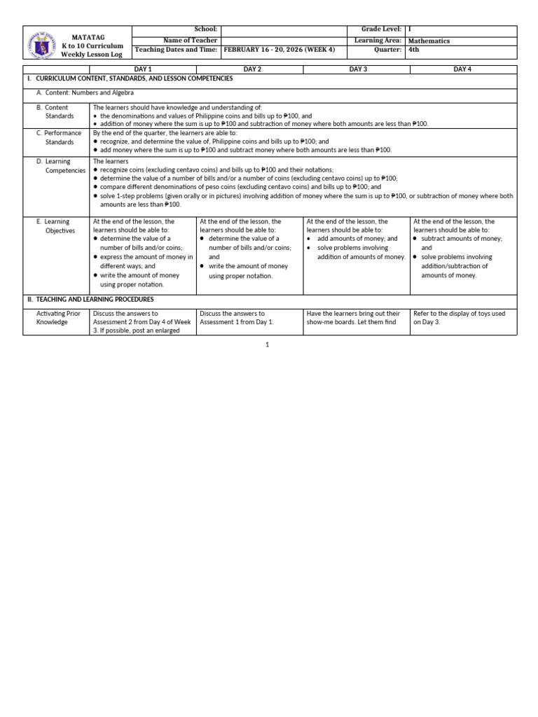 Grade 1 DLL Matatag - Math - q4 - Week 4 | PDF | Money