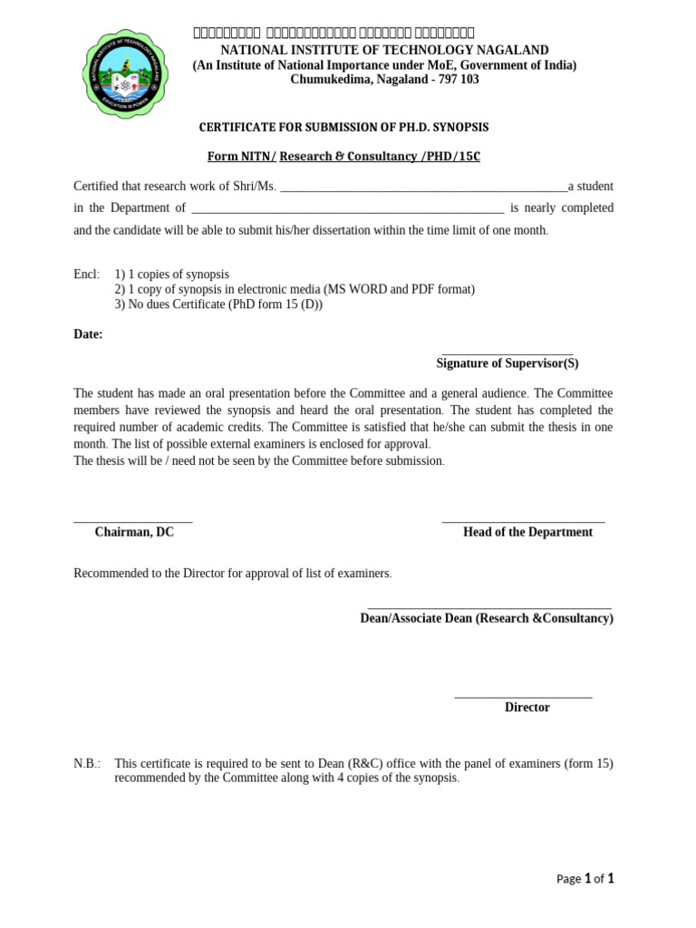 15C Form 15C Certificate - Synopsis | PDF | Thesis | Higher Education