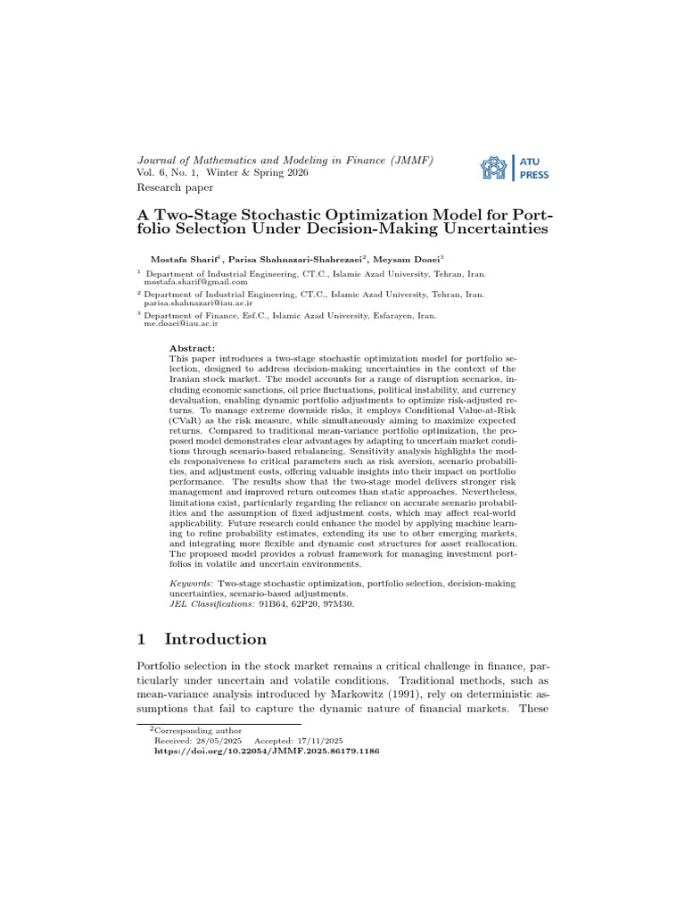 A Two-Stage Stochastic Optimization Model For Portfolio Selection Under ...