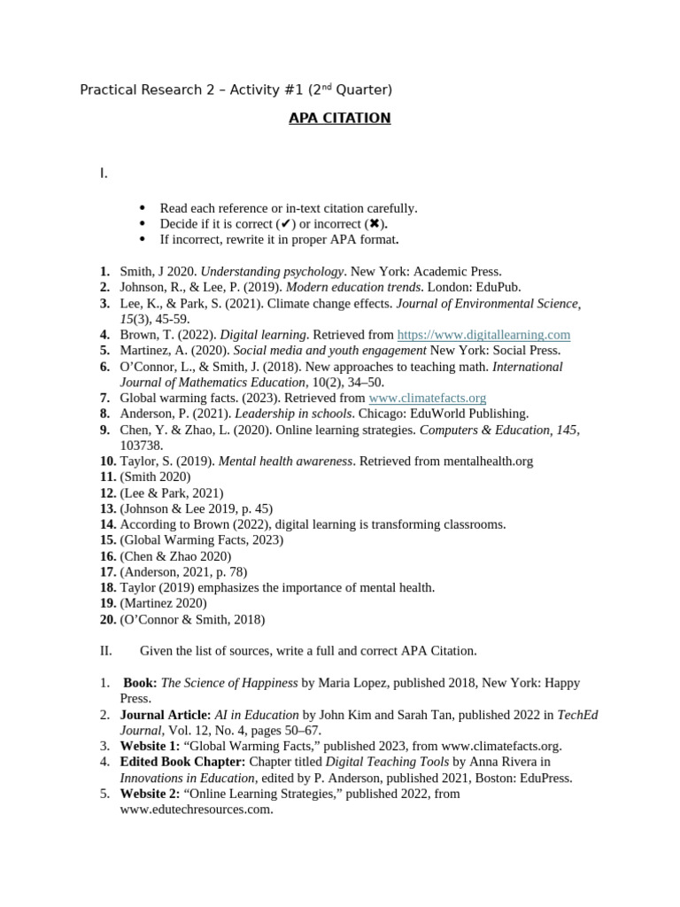 APA Citation Activity | PDF