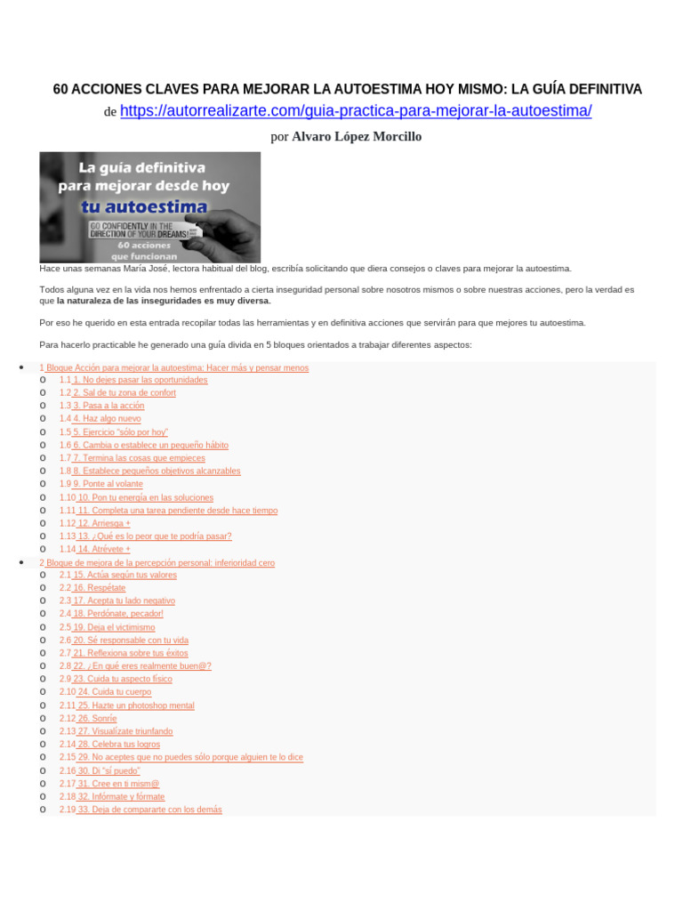 60 Acciones Claves para Mejorar La Autoestima Hoy Mismo | PDF ...