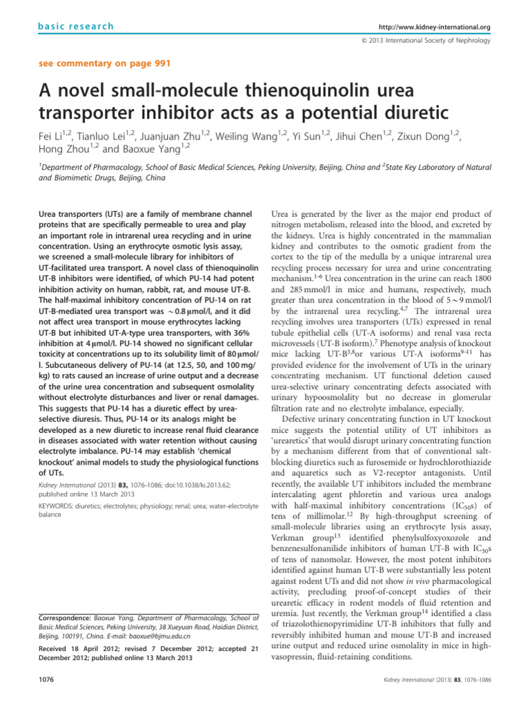 A Novel Small Molecule Thienoquinolin Urea Transpo | PDF | Urine ...