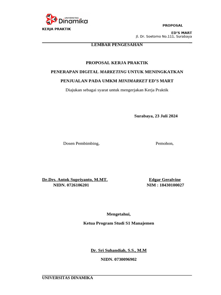 2 Contoh Lembar Pengesahan Proposal KP 2020 P Wahyu | PDF