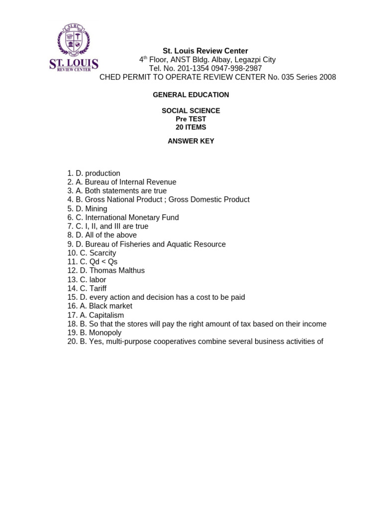 Pre Test Gen Ed Social Science Answer Key | PDF