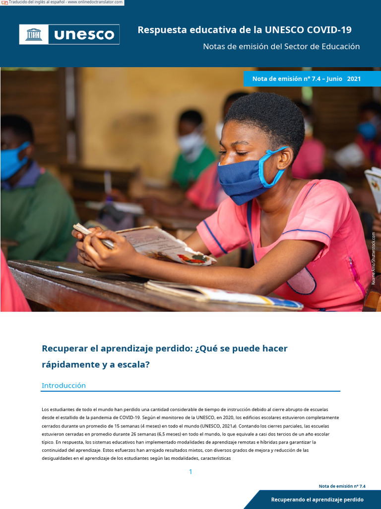 Unesco 2021 - Recovering Lost Learning - En.es | PDF | Enseñando | Plan ...