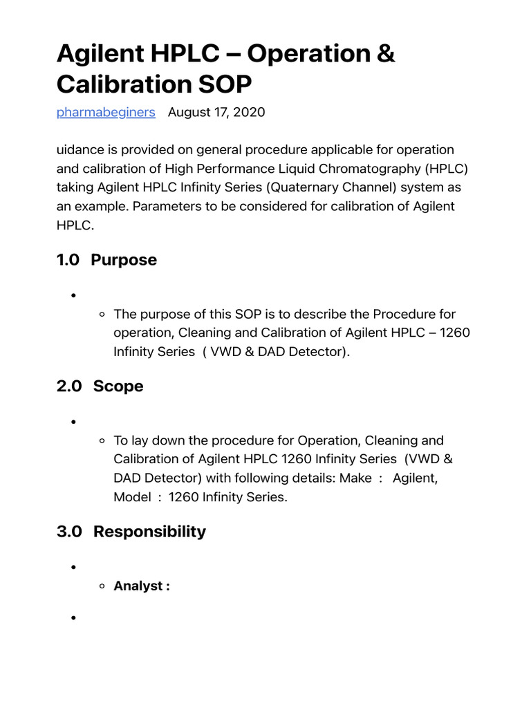 Agilent HPLC - Operation & Calibration SOP - Pharma Beginners | PDF ...