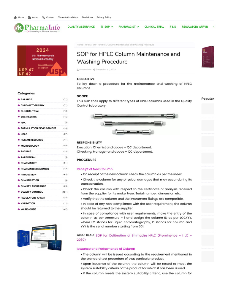 SOP For HPLC Column Maintenance and Washing Procedure | PDF | High ...
