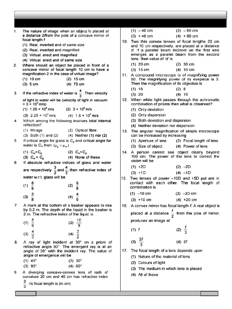 Ray Optics, Ac & Viscosity Practice Paper | PDF