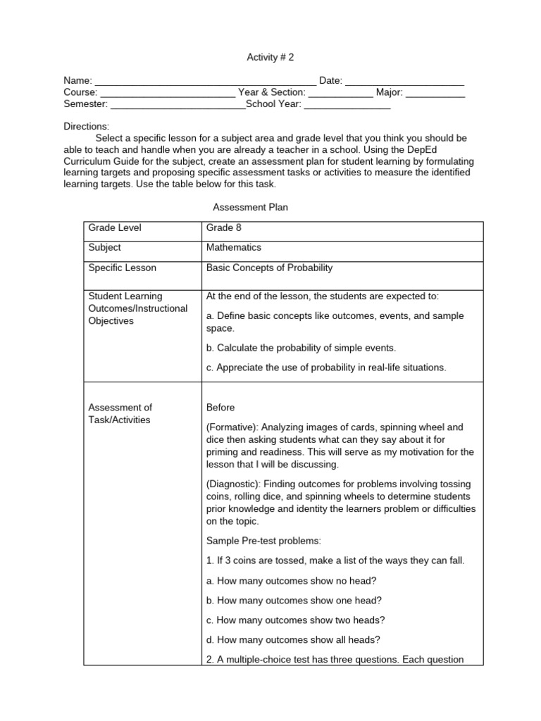 Assessment Plan Activity | PDF | Educational Assessment | Probability