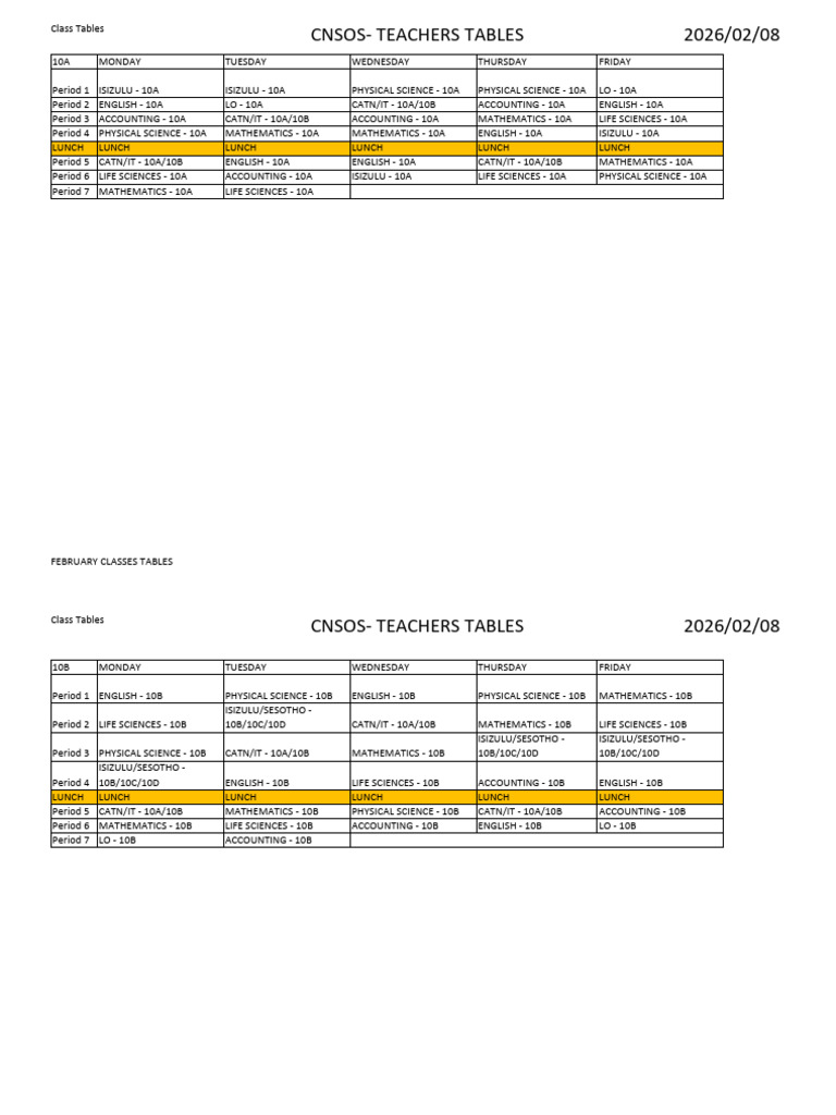 Classes Tables February | PDF | Science | Mathematics