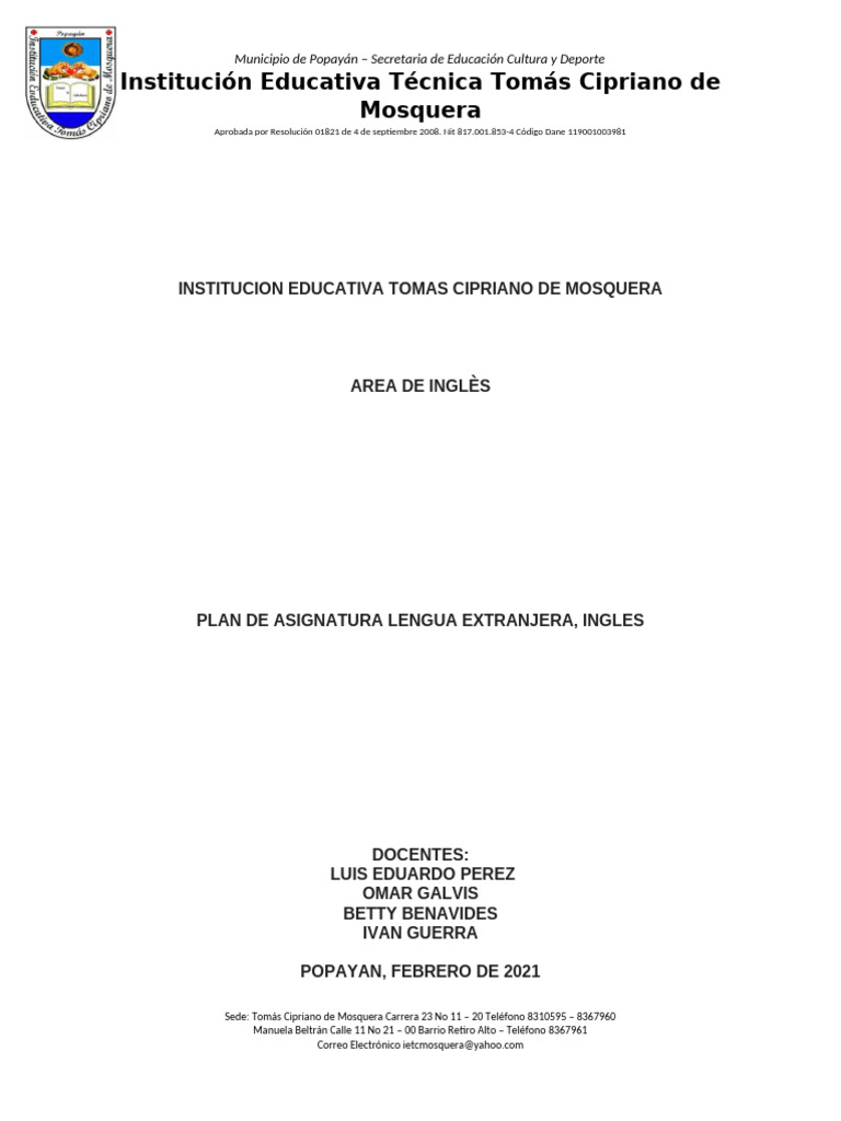 Plan de Area Ingles 2021 | PDF | Plan de estudios | Aprendizaje