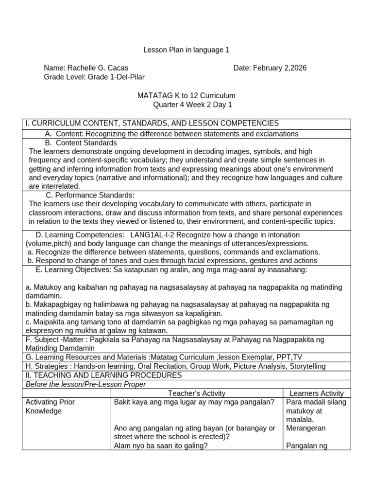 Lesson Plan in Language 1 Febuary 3 | PDF