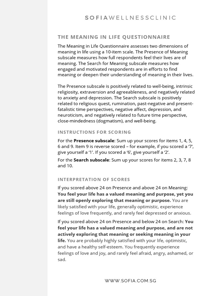 The Meaning in Life Questionnaire | PDF | Well Being | Cognition
