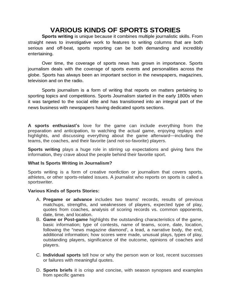 VARIOUS KINDS OF SPORTS STORIES Hand Out | PDF | Journalism | Sports