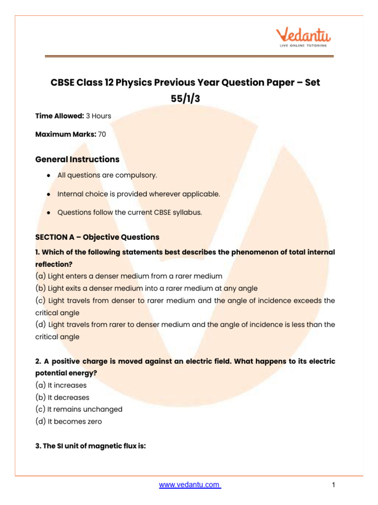 CBSE Class 12 Physics Question Paper Set 3 55-1-3 2025 PDF With ...