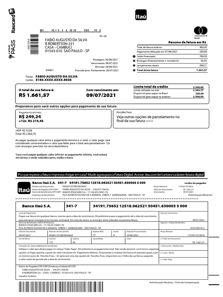 Itaucard 6558 Fatura 202107 | PDF | Cartão de crédito | Passivo ...