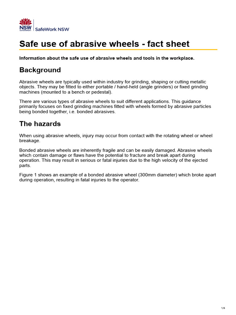 Safework - Nsw.gov - Au-Safe Use of Abrasive Wheels - Fact Sheet | PDF ...