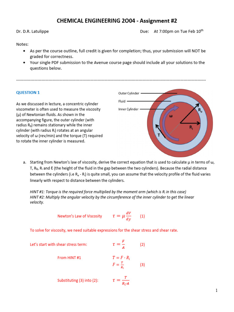 ChE 2O04 Winter 2026 Assignment #2 - R0 SOLUTIONS | PDF | Gases | Torque