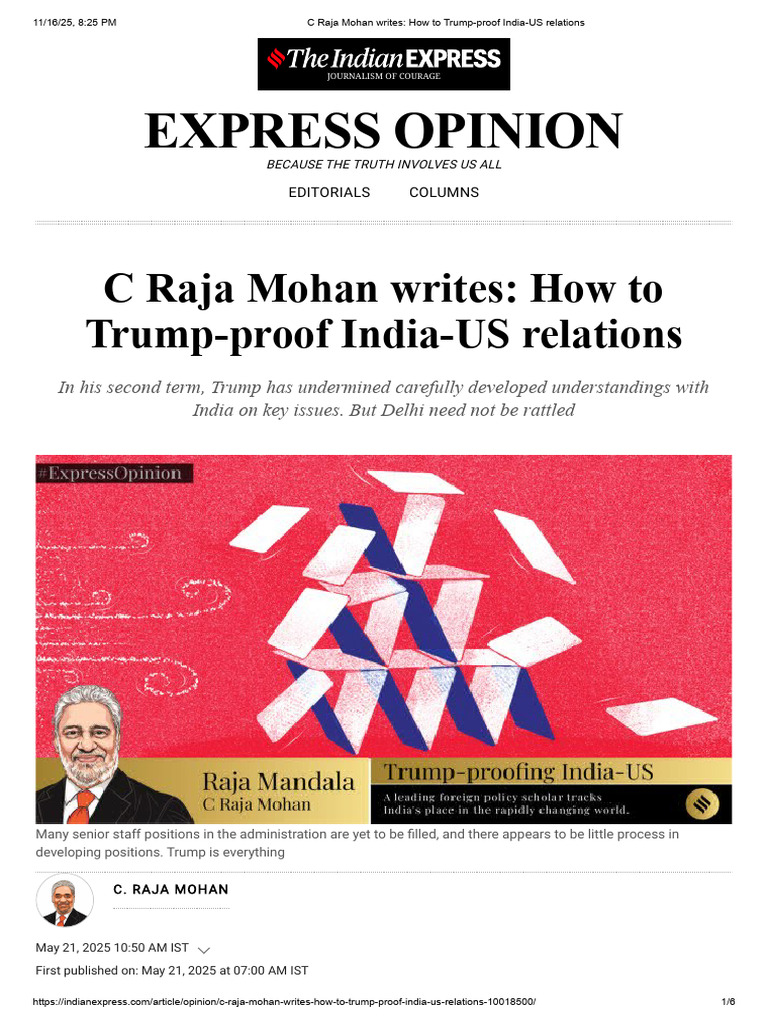 C Raja Mohan Writes - How To Trump-Proof India-US Relations | PDF ...