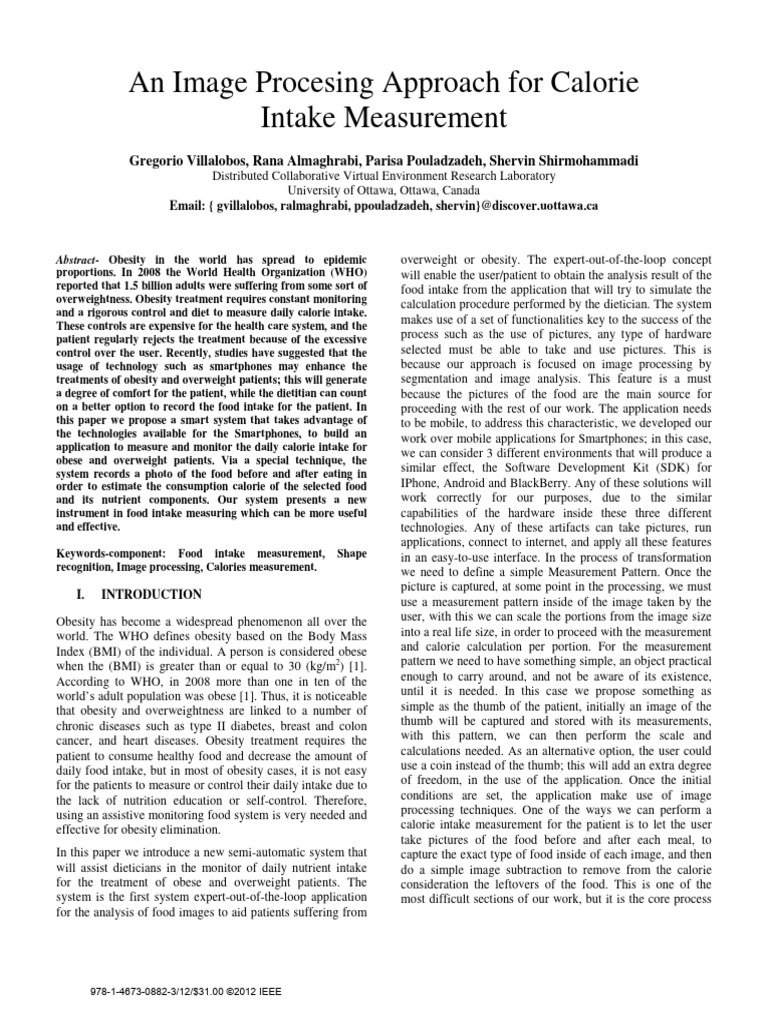 An Image Procesing Approach For Calorie Intake Measurement | PDF