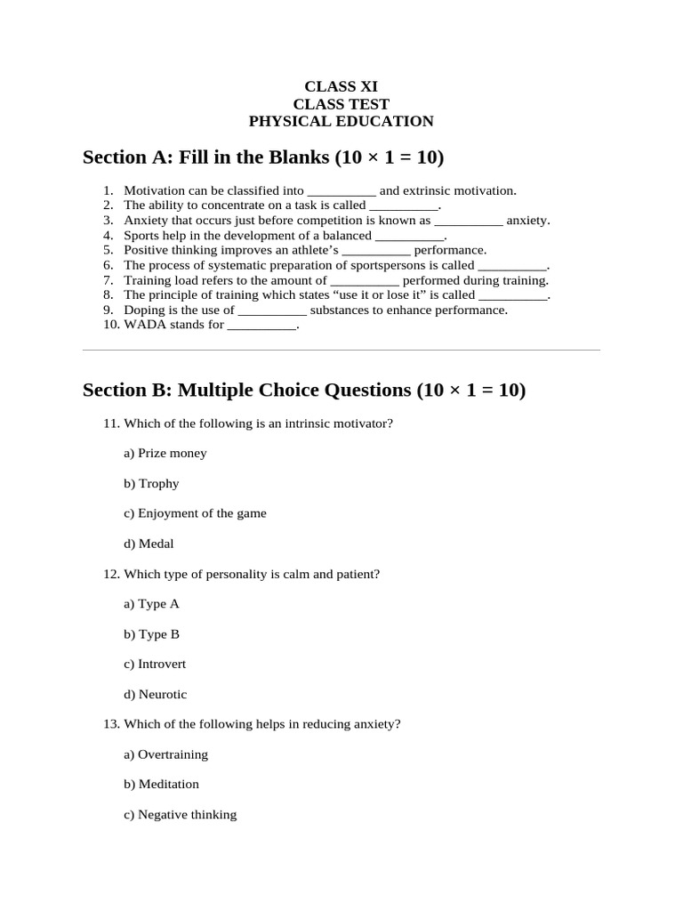 Class Test Physical Education | PDF