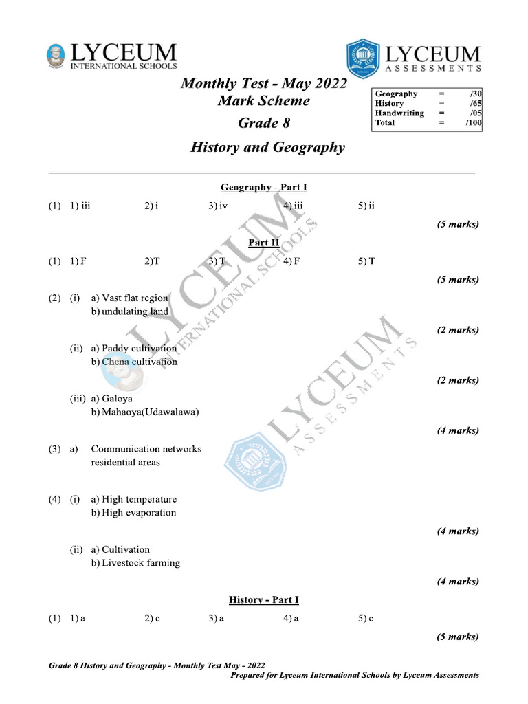 Grade 8 History and Geography Mark Scheme | PDF