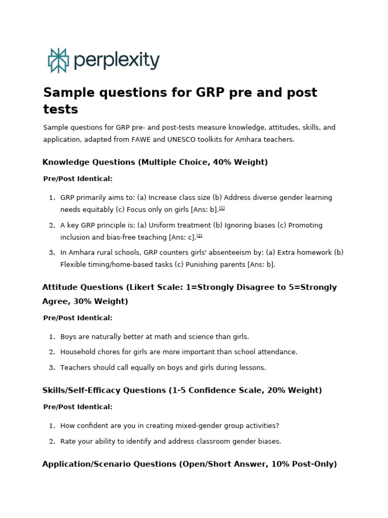 Sample Questions For GRP Pre and Post Tests | PDF