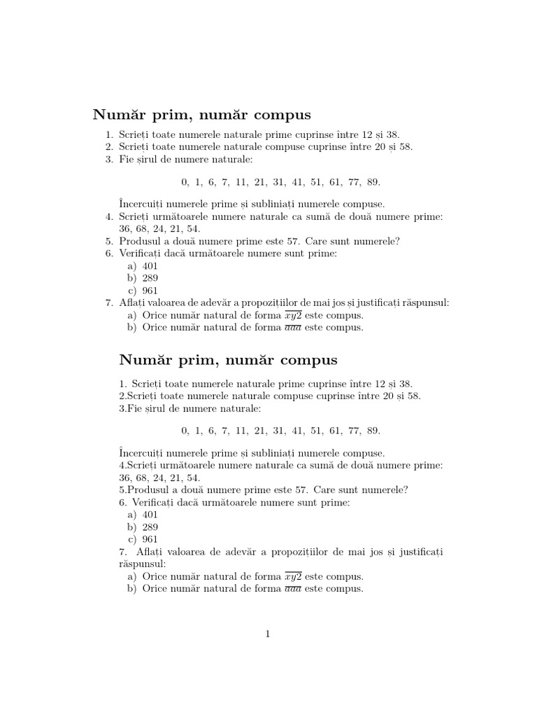 Fisa de Lucru Clasa A 5 A Numar Prim Numar Compus 2 | PDF