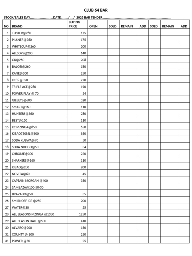 CLUB 64 BAR Stock List | PDF