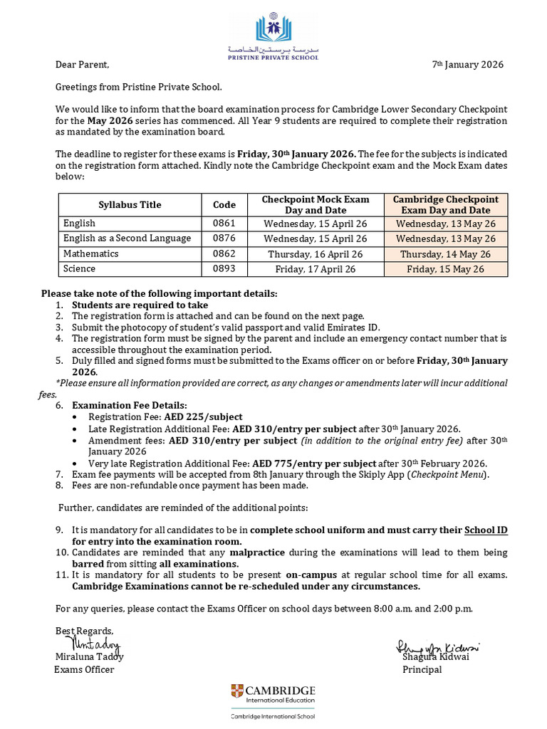 Year 9 Checkpoint Fee Note - May 2026 | PDF