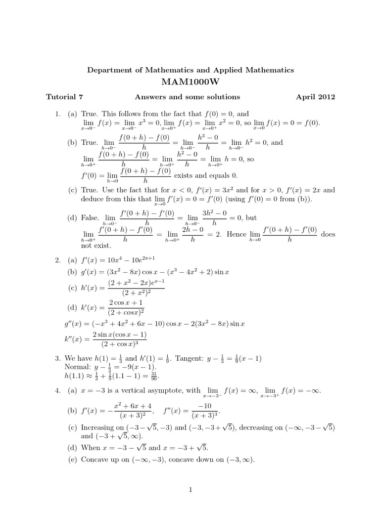 Tutorial 7 Solutions | PDF | Function (Mathematics) | Equations