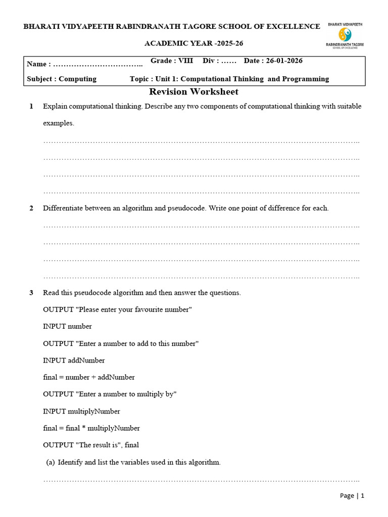 Grade 8 Computing Unit 1 Worksheet QP 2025 26 | PDF | Length ...
