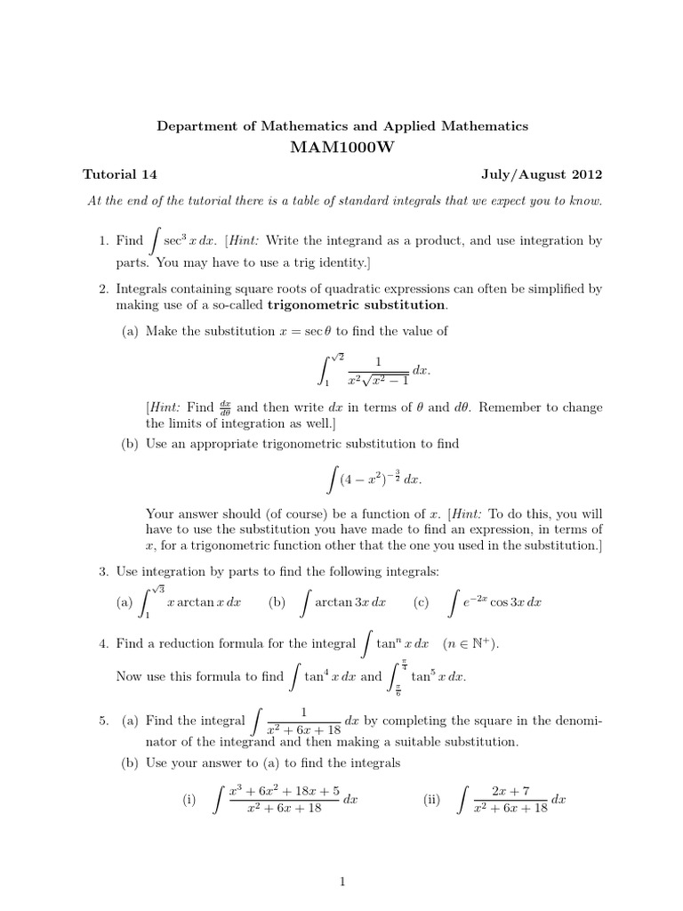 Tutorial+14+-+2012+ Integration+problems | PDF | Arithmetic ...