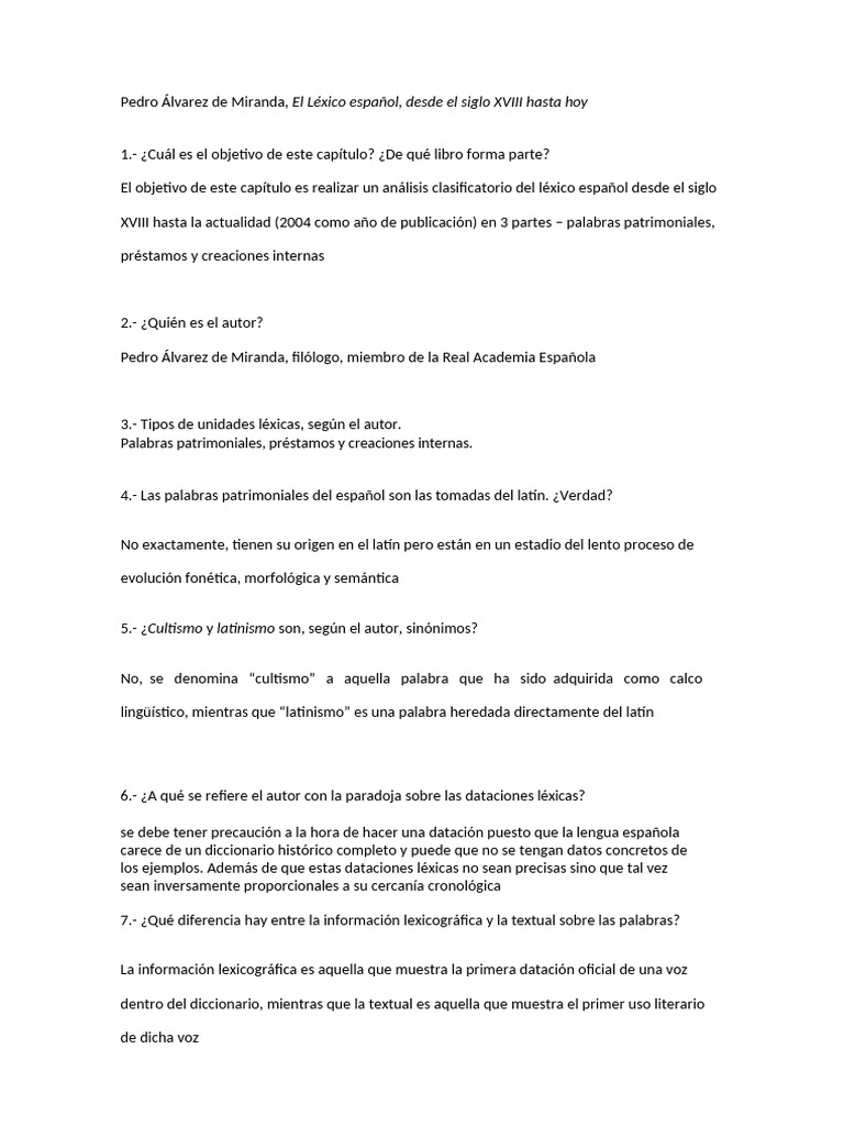 Preguntas Lectura Pedro Alvarez de Miranda | PDF | Palabra | Léxico