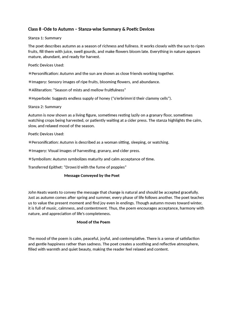 Ode To Autumn Summary With Poetic Device | PDF