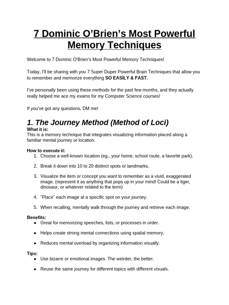 6. 7 Dominic O’Brien’s Most Powerful Memory Techniques | PDF | Memory ...