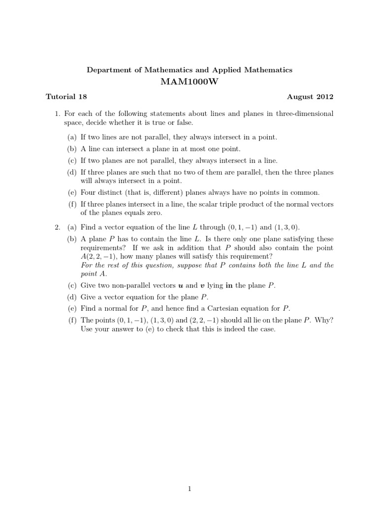 Tutorial+18+-+2012+ Lines+and+planes | PDF | Line (Geometry ...