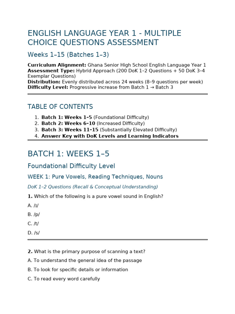 English Language Year1 MCQ Assessment Weeks1-15 Batches1-3 | PDF ...