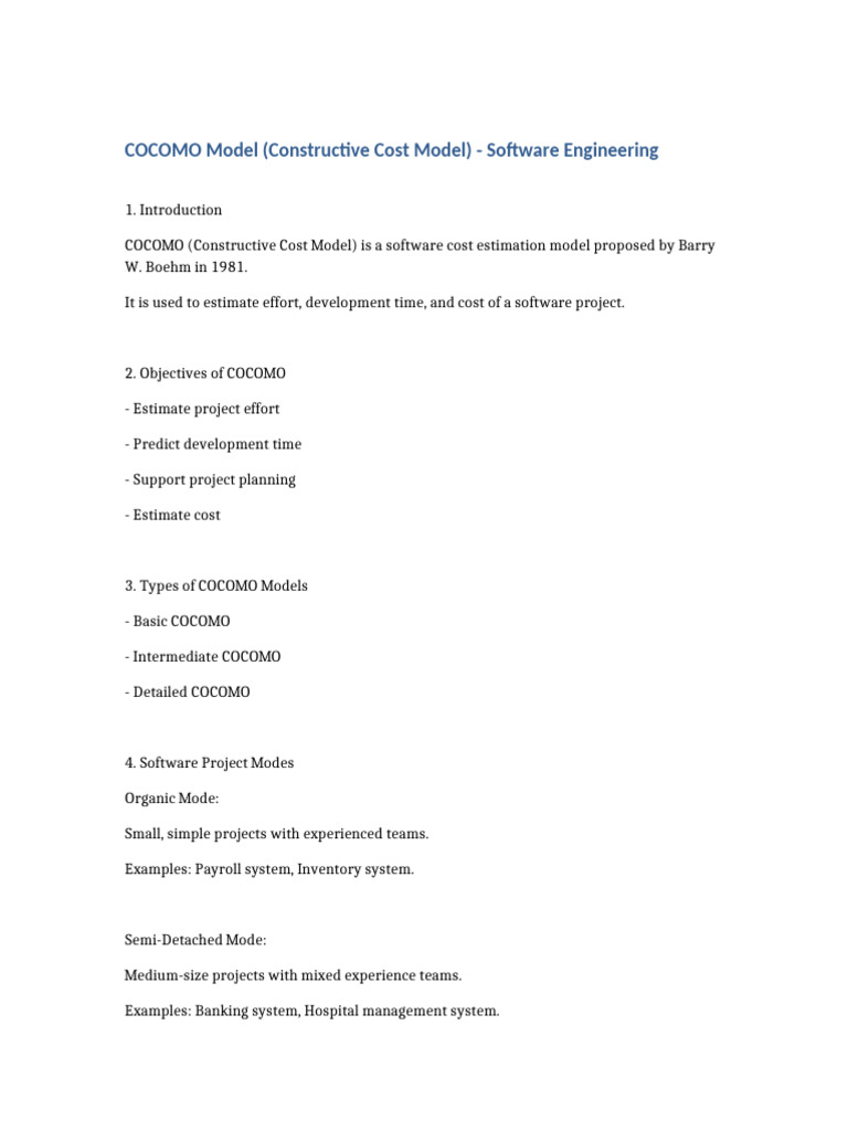COCOMO Model Software Engineering Notes | PDF