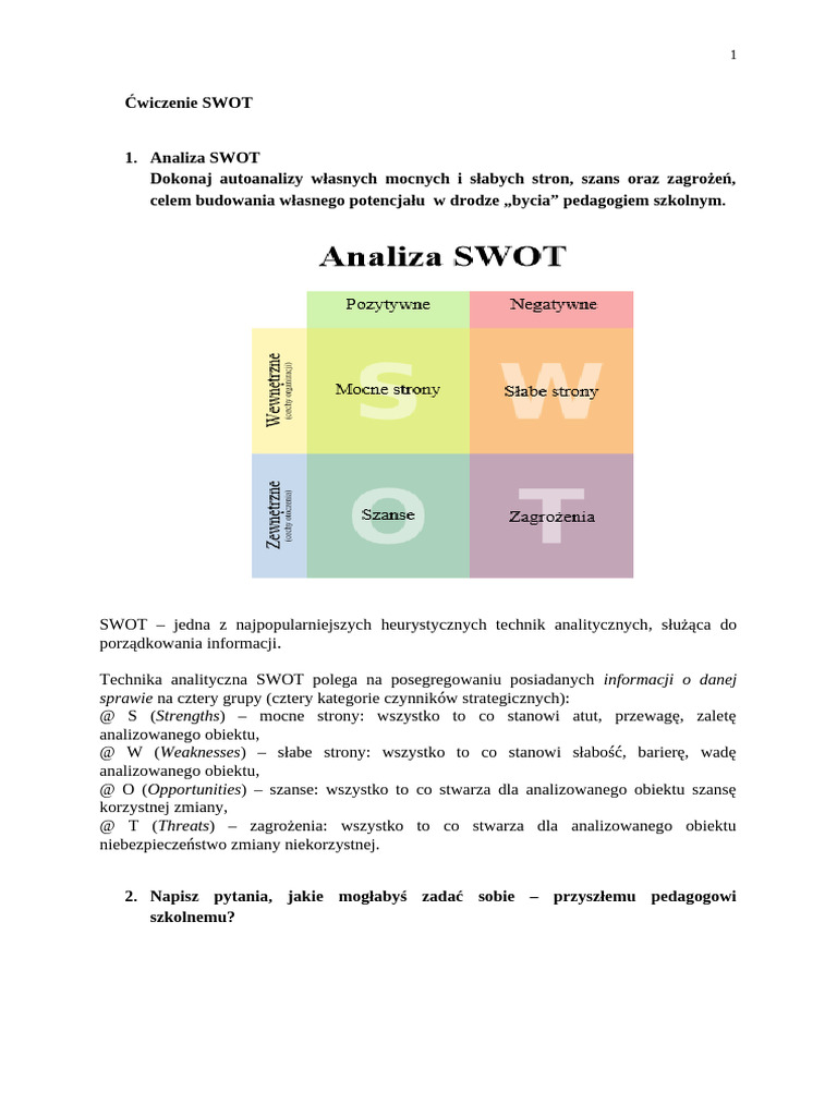 Ćwiczenie Analiza SWOT | PDF