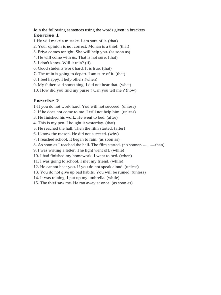 Join the Following Sentences Using the Words Given | PDF