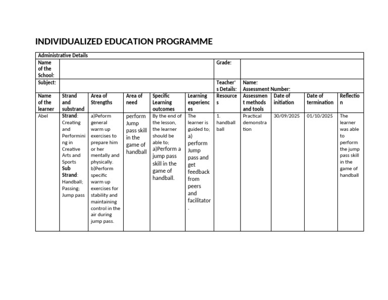 Pe Individualized Education Programme | PDF | Learning | Educational ...