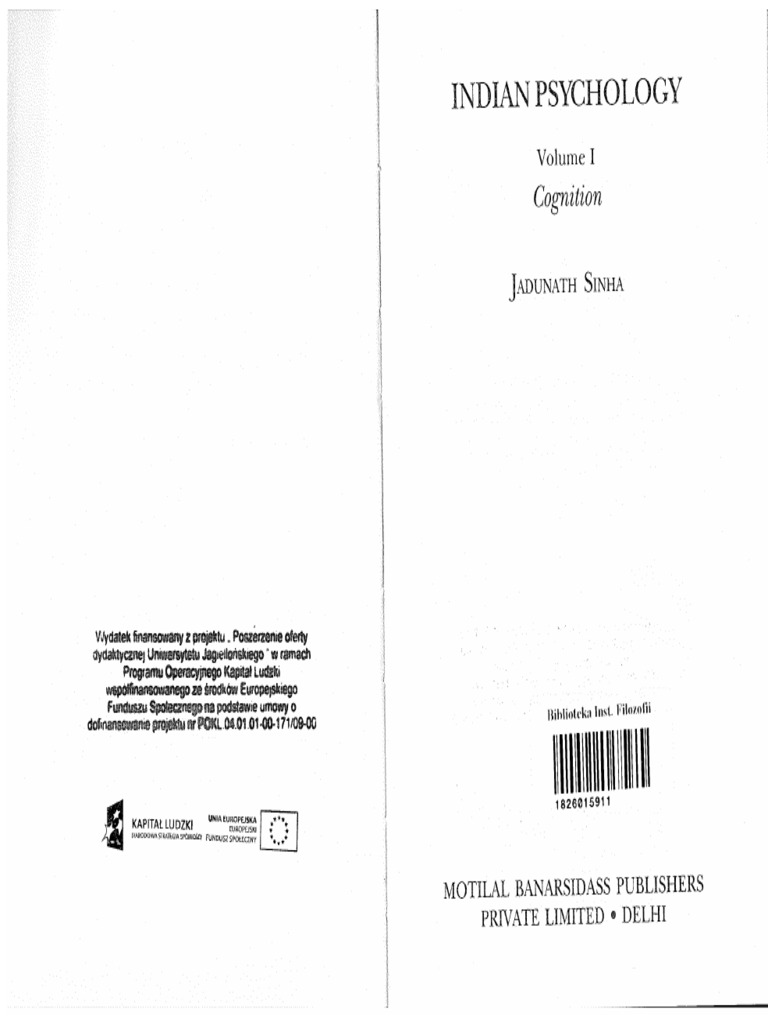 Indian Psychology Volume 1 Cognition Jadunath Sinha MLBD 2008 | PDF