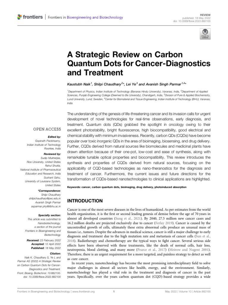 A Strategic Review on Carbon Quantum Dots for Cancer-Diagnostics and ...
