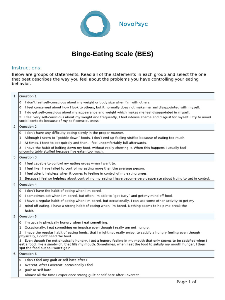 Binge Eating Scale BES Sample Items Questions PDF | PDF | Eating ...