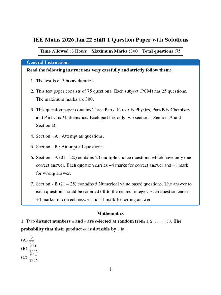 JEE Mains 2026 Jan 22 Shift 1 Question Paper With Solutions ...